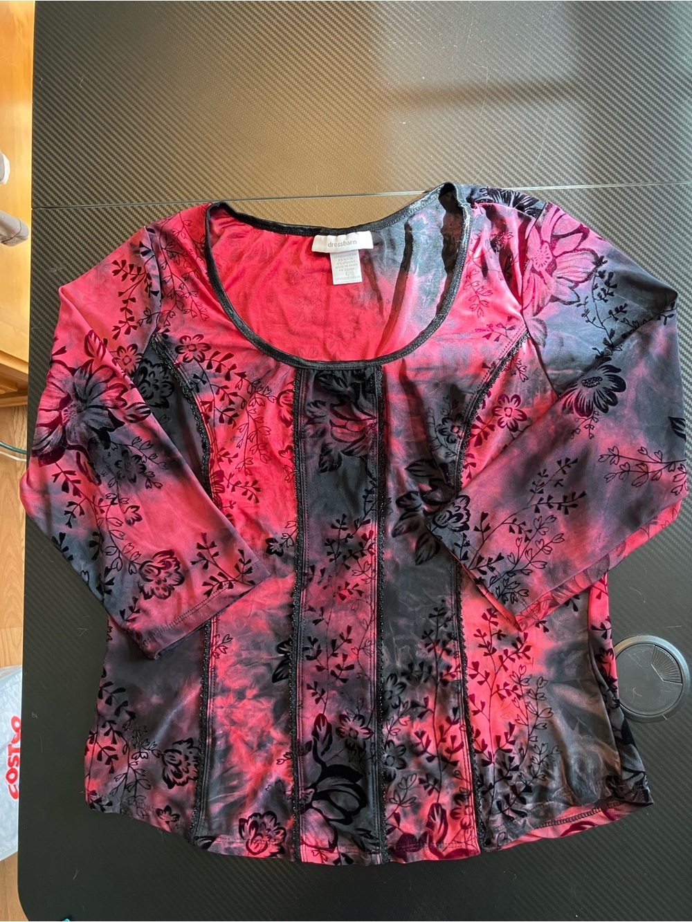 dressbarn Red and Black Floral Burnout Scoop Top